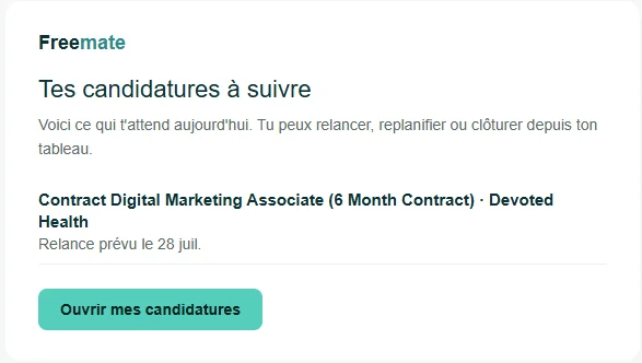 Le mail de relance : les candidatures à relancer aujourd'hui et le lien vers le tableau.
